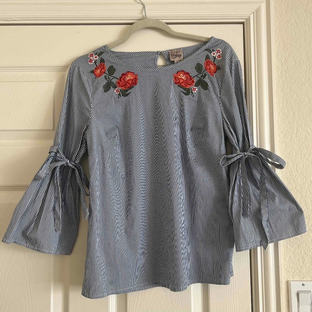 Blue Striped Bell Sleeve Top - S